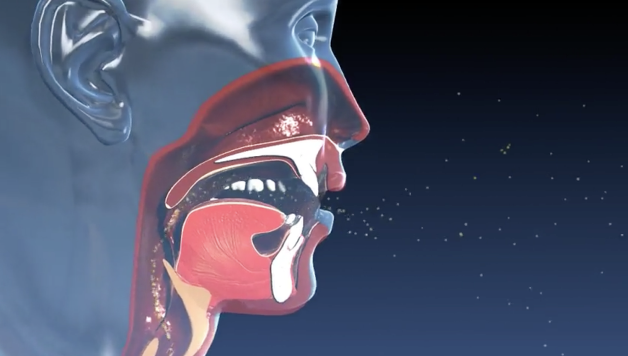 Animated illustration showing the transmission of the SARS virus between humans — featuring 3D-rendered figures, respiratory droplets moving through the air, and a close-up view of viral particles attaching to cells, created by Animated Biomedical Productions (ABP).